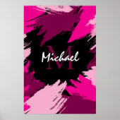 ホットピンクの名前とモノグラムのブラシストロークの色合い ポスター (正面)