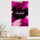 ホットピンクの名前とモノグラムのブラシストロークの色合い ポスター (キッチン)