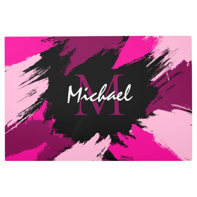 ホットピンクの名前とモノグラムのブラシストロークの色合い メタルプリント (正面)