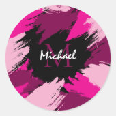 ホットピンクの名前とモノグラムのブラシストロークの色合い ラウンドシール (正面)