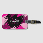 ホットピンクの名前とモノグラムのブラシストロークの色合い ラゲッジタグ (正面横)