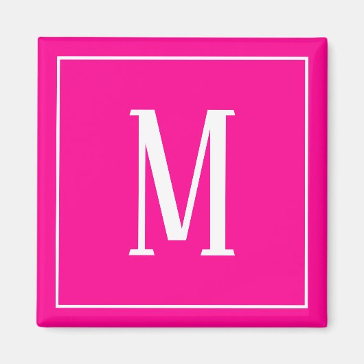 ホットピンクの四角マグネットに白のモノグラム マグネット (正面)
