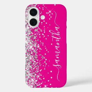 ホットピンクの女の子らしいシグネチャーデザインにシルバーグリッター iPhone 16ケース