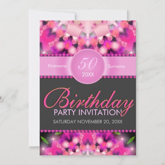 ホットピンクの女の子らしい50歳の誕生日招待状 招待状 (正面)