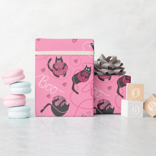 ホットピンクの子猫ラブキテンスとヤーンキッズ ラッピングペーパー (ベビーシャワー)