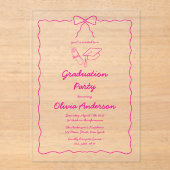 ホットピンクの手描きスクイグル ボウ 卒業パーティー アクリル招待状 (正面)