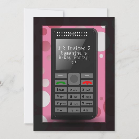 ホットピンクの携帯電話10代の誕生日パーティーの招待 招待状 (正面)