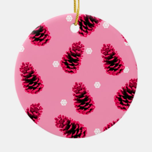 ホットピンクの松ぼっくり クリスマス 陶器 オーナメント (正面)