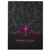 ホットピンクの枠と黒のダマスクパターン クリップボード (裏面)