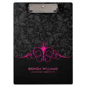 ホットピンクの枠と黒のダマスクパターン クリップボード (正面)