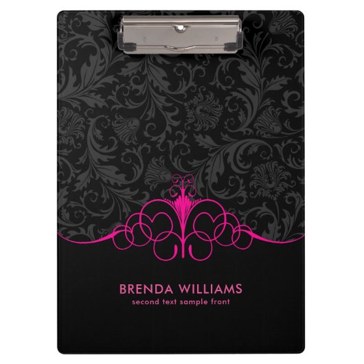 ホットピンクの枠と黒のダマスクパターン クリップボード (正面)