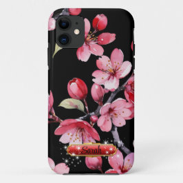 ホットピンクの桜と黒背景 iPhone 11 ケース