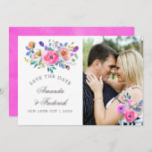 ホットピンクの水の色のフローラ結婚式の日付を保存 セーブザデート (正面/裏面)