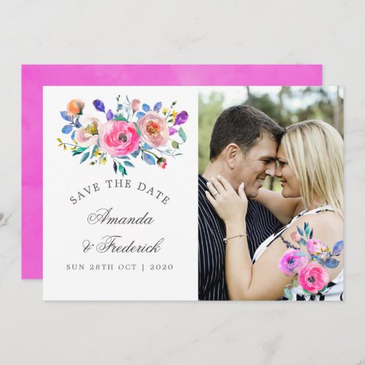 ホットピンクの水の色のフローラ結婚式の日付を保存 セーブザデート (正面/裏面)