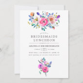 ホットピンクの水カラーフローラブリデスメイド昼食会 招待状 (正面)