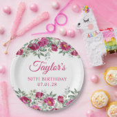 ホットピンクの水彩ペオニー 50歳の誕生日 ペーパープレート (パーティー)