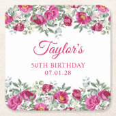 ホットピンクの水彩芍薬の50歳の誕生日 スクエアペーパーコースター (正面)