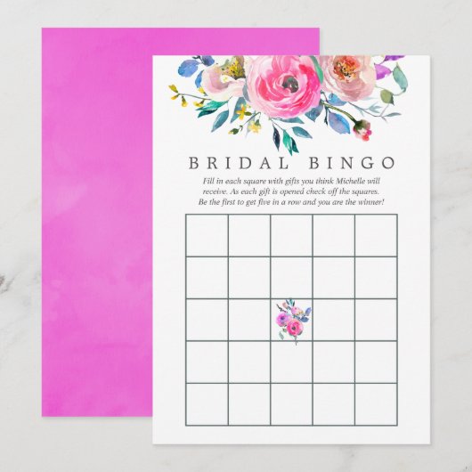 ホットピンクの水彩花のウェディングシャワー ビンゴ 招待状 (正面/裏面)