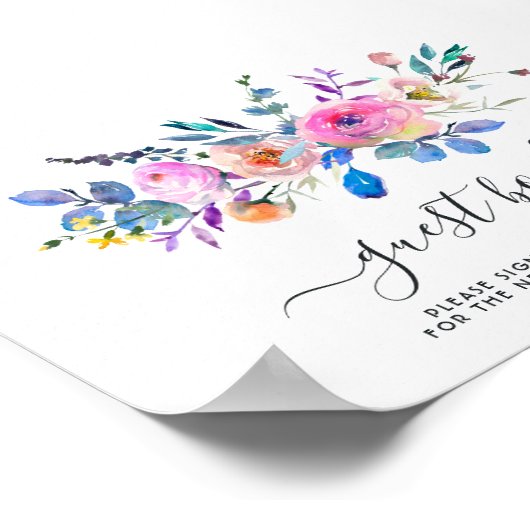 ホットピンクの水彩花の結婚式ゲストブック ポスター (角)