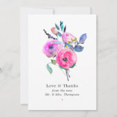 ホットピンクの水彩花の結婚式 サンキューカード (正面)