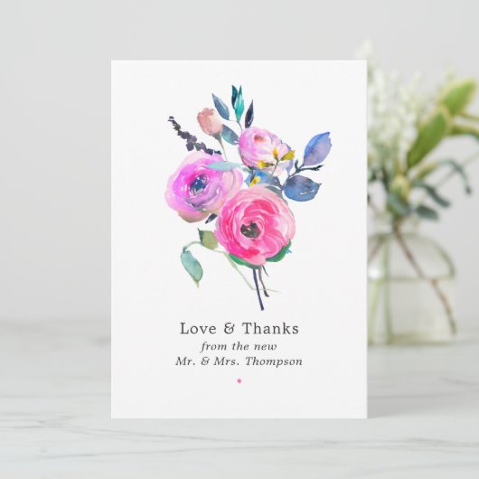 ホットピンクの水彩花の結婚式 サンキューカード (スタンド正面)