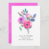 ホットピンクの水彩花の結婚式 サンキューカード (正面/裏面)