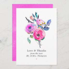 ホットピンクの水彩花の結婚式 サンキューカード