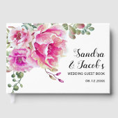 ホットピンクの水色の花とタイポグラフィ結婚の ゲストブック (正面)
