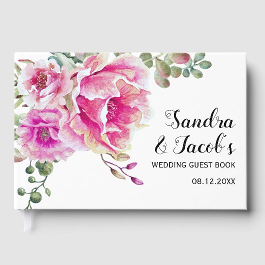 ホットピンクの水色の花とタイポグラフィ結婚の ゲストブック (正面)