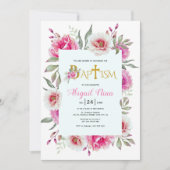 ホットピンクの水色の花の女の子フローラバプテスマ 招待状 (正面)