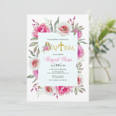 ホットピンクの水色の花の女の子フローラバプテスマ 招待状 (スタンド正面)