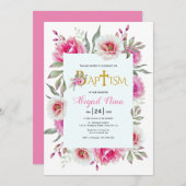 ホットピンクの水色の花の女の子フローラバプテスマ 招待状 (正面/裏面)