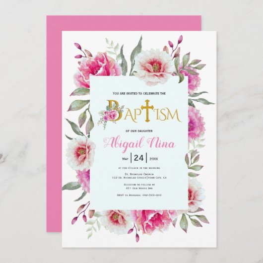ホットピンクの水色の花の女の子フローラバプテスマ 招待状 (正面/裏面)