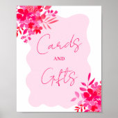 ホットピンクの波状の赤いピンクのフローラカード贈り物シャワー ポスター (正面)