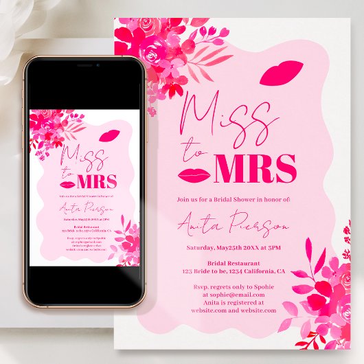 ホットピンクの波状フレームレッドピンクフローラブライダルシャワー 招待状