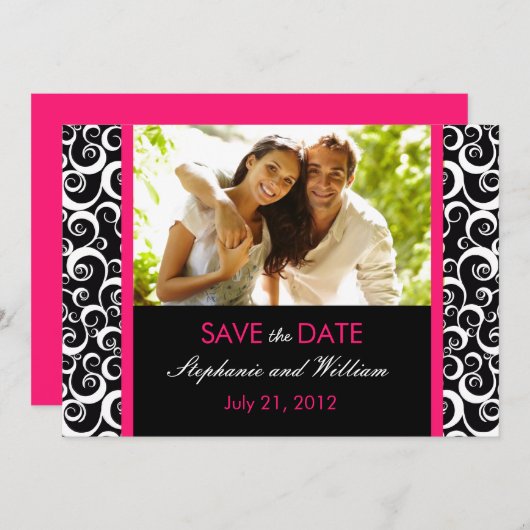 ホットピンクの渦巻き写真の日付を保存 セーブザデート (正面/裏面)