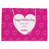 ホットピンクの白いハート写真バレンタインデー ラージペーパーバッグ (裏面)