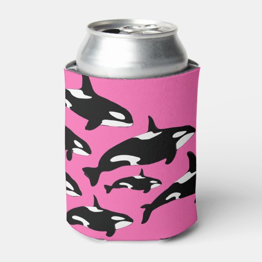 ホットピンクの白と黒のOrca Whale Pattern 缶クーラー (缶正面)