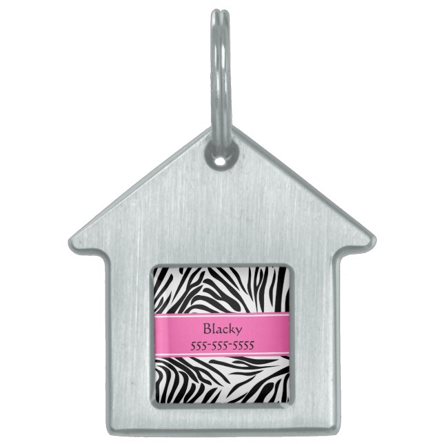 ホットピンクの白黒ゼブラ印刷 ペットネームタグ (正面)