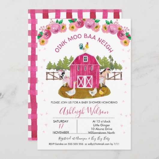 ホットピンクの納屋農場農家の動物のベビーシャワー 招待状 (正面/裏面)