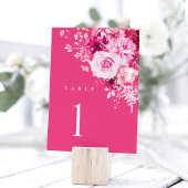 ホットピンクの結婚式テーブルナンバーカード、ピンクの花