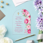 ホットピンクの芍薬のアーチ カトリックの結婚式 アクリル招待状 (インサイチュ (ウェディング))