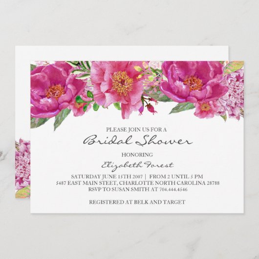 ホットピンクの花のブライダルシャワーの招待 招待状 (正面/裏面)