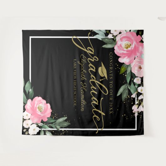 ホットピンクの花の卒業パーティー写真用背景 タペストリー (正面(横))