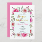 ホットピンクの花の女の子のバプテスマと1歳の誕生日 招待状 (正面/裏面)