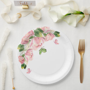 ホットピンクの花の緑葉の蝶類 ペーパープレート