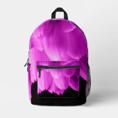 ホットピンクの花の花びらを黒に プリントバックパック (正面)