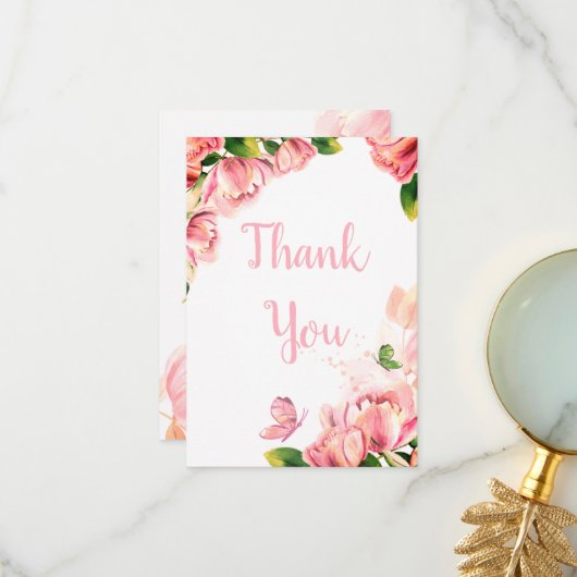 ホットピンクの花の蝶結婚類 サンキューカード (正面/裏面インサイチュ)