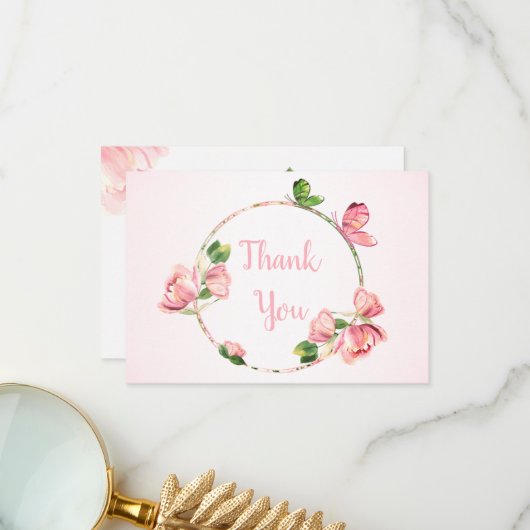 ホットピンクの花の蝶結婚類 サンキューカード (正面/裏面インサイチュ)