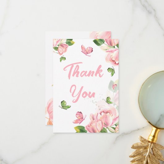 ホットピンクの花の蝶結婚類 サンキューカード (正面/裏面インサイチュ)